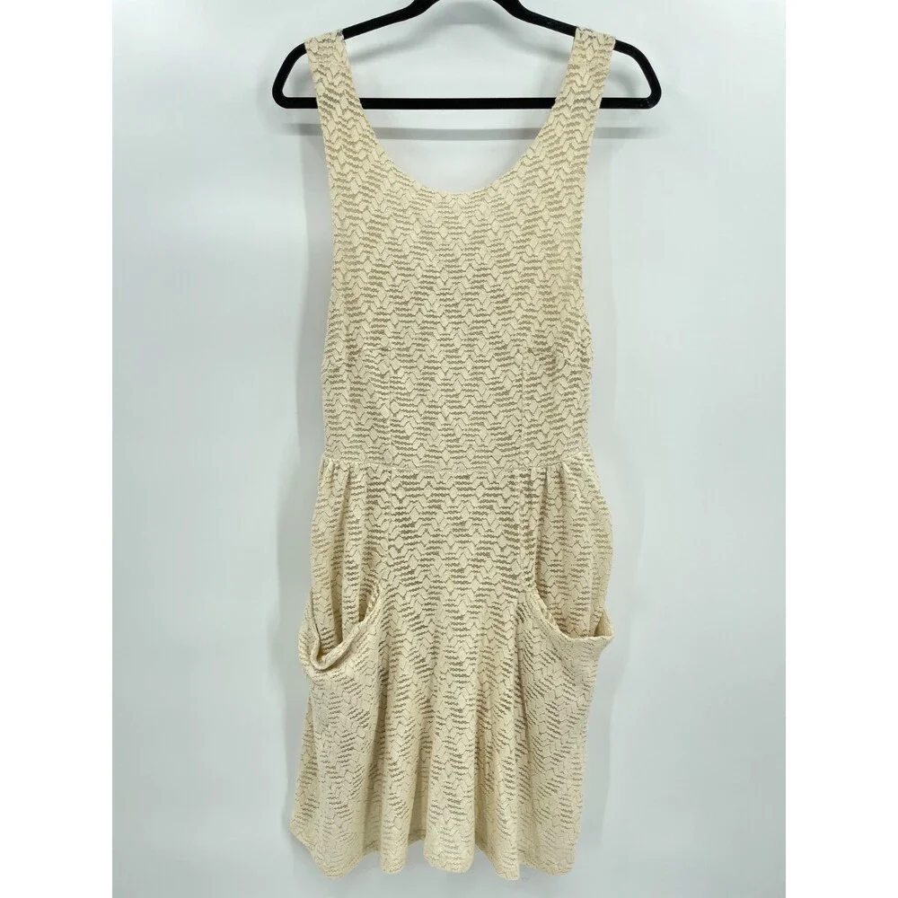 FREE PEOPLE Poppy Open Back Cream Lace Mini Dress with Pockets Size L